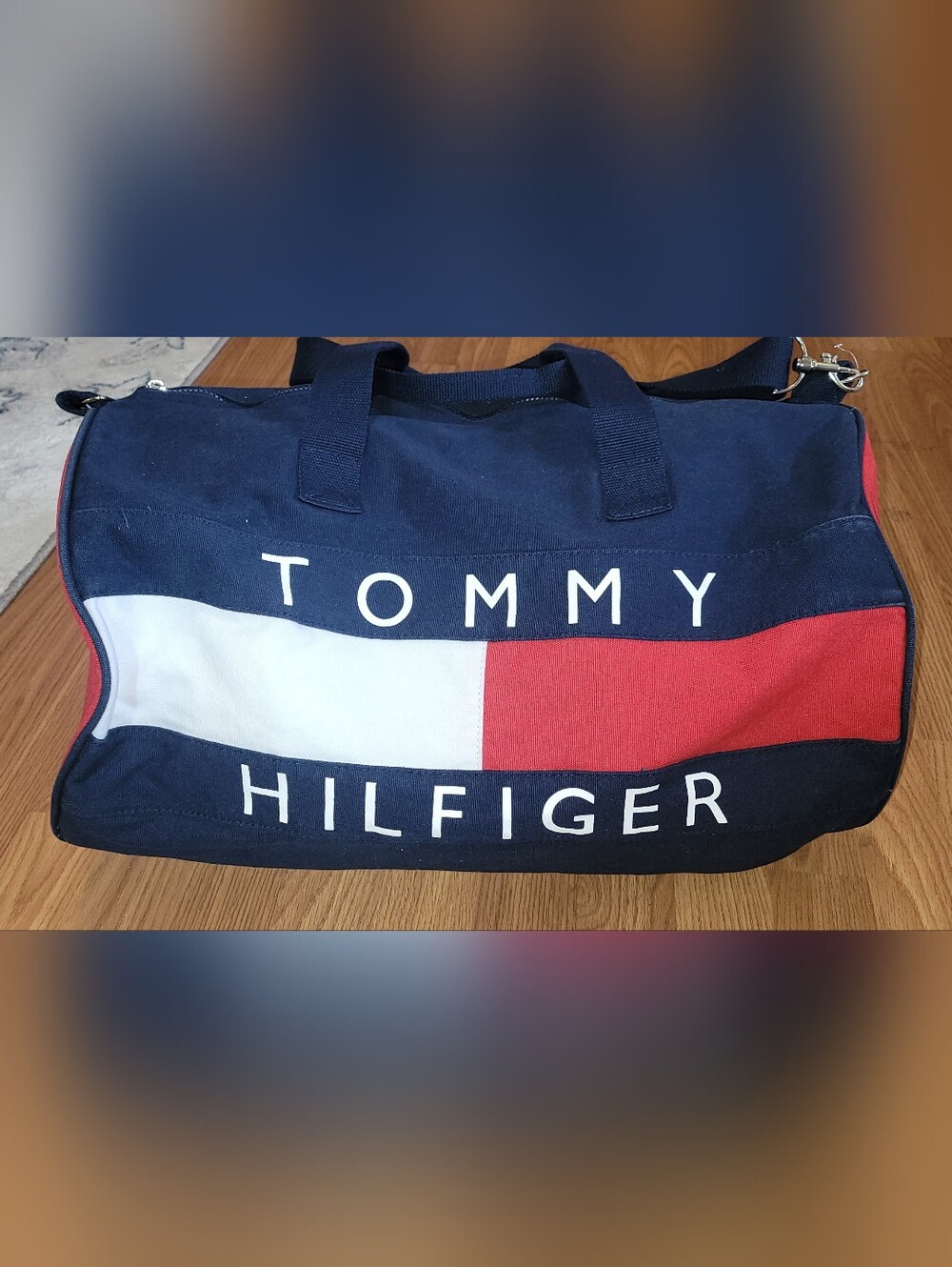 Vintage 90s Tommy Hilfiger Canvas Duffle Bag-Navy Blue/Red/White-Excel Condition